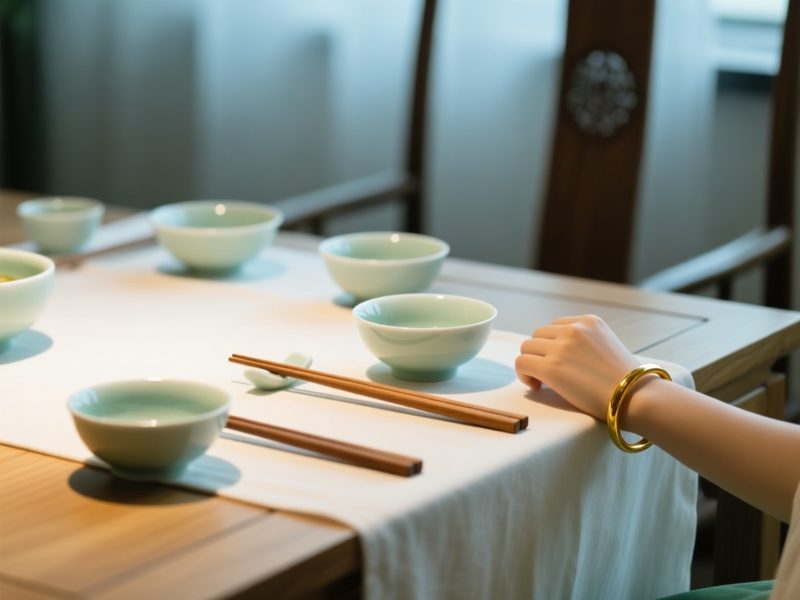 中式家宴餐桌一角：浅木桌面、米白桌布与青白瓷小碗，桌边露出佩戴金镯的手腕